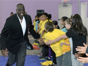A media conference was held Monday pertaining to KidSport Month. Riders legend Don Narcisse was on hand and High Fives all of the Sacred Heart students at the event.