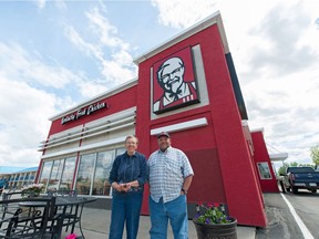 Sharon and Warren Solie stand in front of a KFC restaurant in Weyburn, Saskatchewan on Tuesday May 24, 2016. An all-you-can-eat buffet at the Kentucky Fried Chicken in Weyburn, Saskatchewan is one of the last remaining smorgasbords still being served at the fast food chain in Canada.