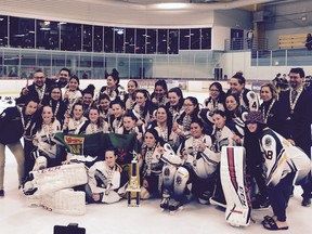 Team Saskatchewan celebrates its third consecutive female title at the National Aboriginal Hockey Championships, which were hosted by the Aboriginal Sport and Wellness Council of Ontario and held in Mississauga, Ont. The six-day event concluded Saturday.