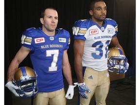 The Saskatchewan Roughriders should have found a way to reach a contractual compromise with receiver Weston Dressler — shown on the left while modelling the Winnipeg Blue Bombers' new uniforms alongside defensive back and Maurice Leggett — in the opinion of columnist Rob Vanstone.