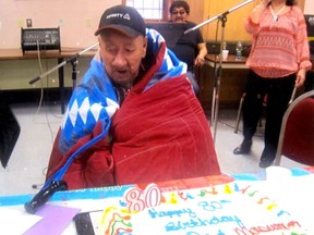 Victor McNab, wrapped in a starblanket, during his 80th birthday celebrations. McNab was found dead in his home in January 2013.