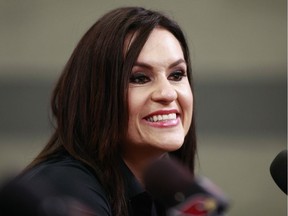 Dr. Jen Welter, shown here during her introductory media conference with the Arizona Cardinals in July of 2015, is the first woman to have coached in the NFL.