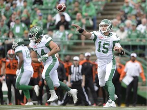 B.J. Coleman, 15, and Brett Smith had rough nights at quarterback for the Saskatchewan Roughriders during Saturday's 28-16 CFL pre-season loss to the visiting B.C. Lions.