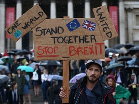 A demonstrator holds up a placard at an anti-Brexit protest in Trafalgar Square in central London on June 28.