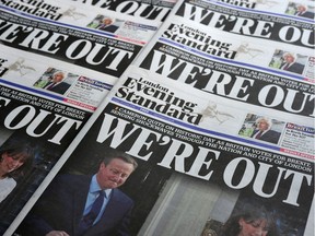 Newspapers in London  reporting the result of the   referendum on Friday. Britain voted to break away from the European Union, toppling Prime Minister David Cameron and dealing a thunderous blow to the 60-year-old bloc that sent world markets plunging.