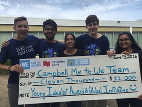 Campbell Collegiate Me to We team members (L-R) Jonah Toth, Grade 12, Rayyan Aqueel, Grade 11, Aqsa Hussain, Grade 11, Ethan Williams, Grade 12, and Dilpreet Bajwa, Grade 12, hold their $11,000 donation cheque, which will be put toward health care initiatives in India.