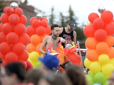 Dillon Chernowsky on the Rouge float at the Queen City Pride Parade in Regina, Sask. on Saturday June. 25, 2016.