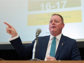 Saskatchewan Finance Minister Kevin Doherty speaks to media during a news conference on provincial budget day.