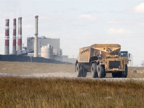 A coal truck leaving the Boundary Dam power plant near Estevan.