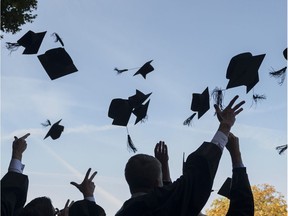 graduates throw caps in air in celebration