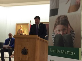 Justice Minister and Attorney General Gordon Wyant speaks Tuesday at the Legislative Building announcement of the expansion of the Family Matters program to the whole province.