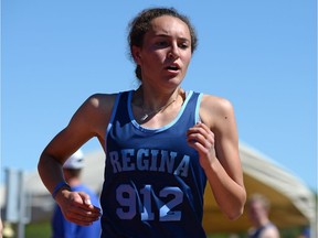 Kaila Neigum of Miller is shown during a silver-medal-winning effort in Saturday's senior girls 3,000-metre race at the Saskatchewan High Schools Athletic Association track and field championships, held at the Canada Games Athletics Complex.