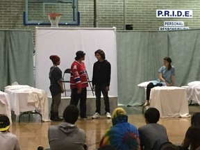 Members of the Gordon Tootoosis Nikaniwin Theatre Group perform The Toe Tag Group at Scott Collegiate on Friday, June 3. The play about dangerous driving was done in part with SGI and traveled around the province for the last month.