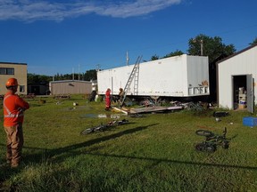 Regina Fire and Protective Services responded to a fire on the 700 block of Angus Street around 5 a.m. Tuesday. The building was used by Healing Hearts Ministry as its woodworking shop and many projects were lost in the blaze. Photo by Mark Melnychuk/Regina Leader-Post