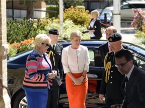 Lt.-Gov. Vaughn Solomon Schofield, from left,  Sophie, the Countess of Wessex, and Prince Edward arrive at Government House in Regina on June 23, 2016.