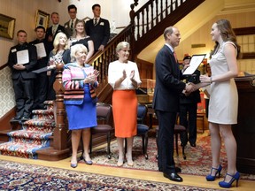 Prince Edward presents Jill Northcott with the The Duke of Edinburgh's International Award at Government House in Regina on June 23, 2016.