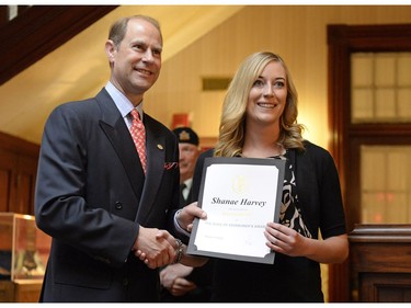 REGINA, SASK :  June 23, 2016  --   Prince Edward presents Shanae Harvey with the The Duke of Edinburgh's International Award at Government House in Regina on Thursday. TROY FLEECE / Regina Leader-Post