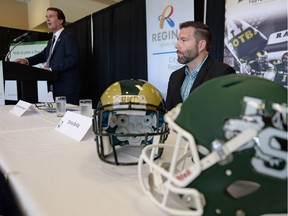 Regina Mayor Michael Fougere, left, and University of Regina Rams executive director Chris Briltz announce the Rams will play the University of Saskatchewan Huskies on Oct. 1, 2016 as the first test event for the new Mosaic Stadium.