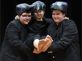 Thom Collegiate students Tyson Zacharias (L), Jacqueline Fink (C) and Taylor Schwab during a practice for Deaf Crows.