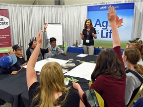 Amanda Schnell from thinkAG runs a education session on different careers in agriculture with Grade 7 and 8 students from Gravelbourg and James Hamblin High Schools and Muscowpetung Educational Centre. All were partaking in think AG: Career and Education Expo at Canada's Farm Progress Show in Regina.