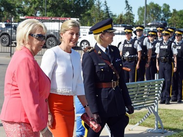 REGINA SK: JUNE 23, 2016 -- Sophie Rhys-Jones (C), the Countess of Wessex walks with Lieutenant-Governor of Saskatchewan, Vaughn Solomon Schofield (L) and RCMP Assistant Commissioner and Commanding Officer of RCMP 'Depot' Division, Louise Lafrance (R) in front of the RCMP Heritage Centre in Regina. DON HEALY / Regina Leader-Post