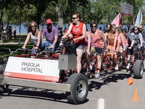 A group from Pasqua Hospital takes off on the first Regina ride of the Big Bike Tour in Wascana Centre on Thursday, raising funds for the Heart and Stroke Foundation.