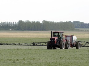 A farmer sprays crops on his farm land north of Regina. The crop report for this week says that the province is 98 per cent done seeding.