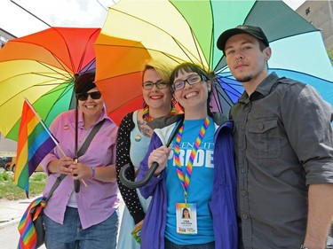 Rhiannon Benjamin, Erika Templeton, Lisa Phillipson, and Rayden Jensen at the Queen City Pride Parade in Regina, Sask. on Saturday June. 25, 2016.