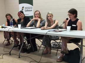 Sarah Cibart and Suzy Yim of Camp fYrefly, Medway Seth Baker and Anna Robinson of the Campbell Collegiate Queer Straight Alliance, and Amanda Guthrie of OUT Saskatoon speak about gender and sexuality alliances in schools. The panel discussion held Wednesday.