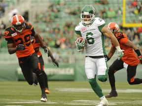 Saskatchewan Roughriders receiver Rob Bagg takes off on a 55-yard gain during Saturday's CFL pre-season game against the visiting B.C. Lions.