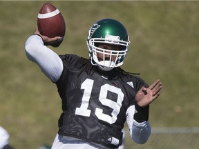 Quarterback Phillip Sims is shown at his first Saskatchewan Roughriders practice on Monday in Saskatoon.