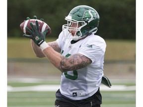 Levi Steinhauer, shown catching a pass during training camp in Saskatoon, is adjusting to a new position with the Saskatchewan Roughriders.