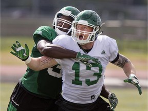 Levi Steinhauer, 13, has been getting an opportunity to play fullback with the Riders at training camp.
