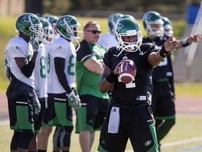 Quarterback Darian Durant directs traffic during the Riders' training camp on Monday.
