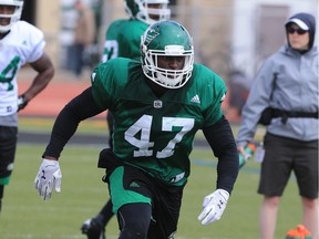 Linebacker Samuel Eguavoen, shown here during a training-camp workout in Saskatoon, has made an impression as a CFL rookie.