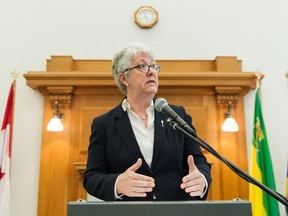 Saskatchewan NDP finance critic Cathy Sproule speaks to media on June 1, provincial budget day.