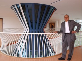 Wes Stevenson at the top of the ceremonial teepee in the First Nations University of Canada building back in 2003.