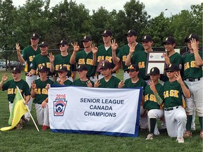 Team Saskatchewan, represented by players from the Kiwanis Little League and North Regina Little League, celebrates after winning the Canadian Senior League baseball championship on Wednesday in Ottawa.