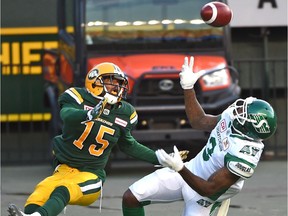 Saskatchewan Roughriders receiver Ricky Collins Jr., shown here preparing to make a catch against the Edmonton Eskimos on July 8, has had quite a journey to the CFL.
