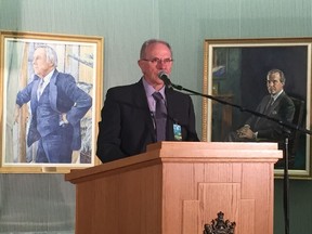 Andrew Cebryk, the mayor of Lanigan speaks at an anouncement regarding water and wastewater systems at the Legislative building on Wednesday, July 13. Lanigan received $2,045,000 for upgrades to both it's drinking water and wastewater treatment systems. ASHLEY ROBINSON