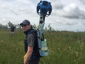 Cameron Woods, biologist and property manager at Nature Conservancy of Canada, demos the Google Treks Maps backpack at Fairy Hill, located 30 minutes north of Regina on HWY 6.