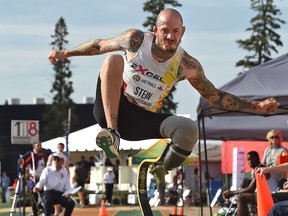 Janz Stein of Regina competes in the men's para ambulatory long jump at the Canadian track and field championships and Olympic selection trials in Edmonton.