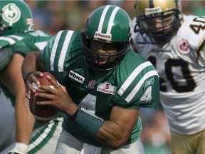 The Saskatchewan Roughriders' Kerry Joseph, shown during the 2007 Labour Day Classic against the Winnipeg Blue Bombers, scored on a quarterback draw in that game for the winning touchdown.