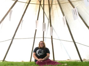 Jusinda Rosenkerr sits in a teepee at the First Nations University of Canada in Regina,
