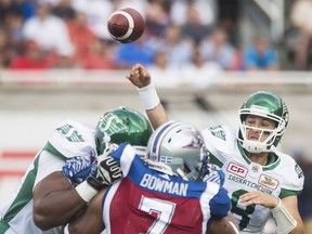 Quarterback Mitchell Gale, shown throwing a pass, and the Saskatchewan Roughriders were thumped by the host Montreal Alouettes on Friday night.