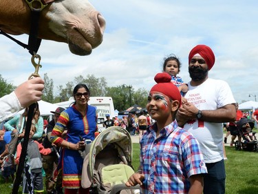 Pawandeep Singh and his family take a closer look at a horse during Canada Day celebrations near the Legislative Building in Regina, Sask. on Friday July 1, 2016.