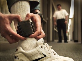 An electronic monitoring bracelet.