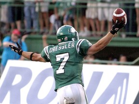 The Saskatchewan Roughriders' Weston Dressler celebrates a winning touchdown that punctuated a July 1, 2010 classic against the visiting Montreal Alouettes.