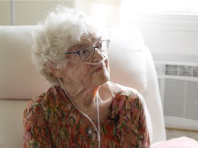 Arleene (Johnson) Noga, former player in the All American Girls Professional Baseball League, speaks with a Leader-Post reporter at Qu'Appelle House in Regina on Tuesday.