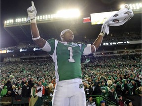 Kory Sheets celebrates on Nov. 24, 2013, when he rushed for a Grey Cup-record 197 yards to help the Saskatchewan Roughriders defeat the visiting Hamilton Tiger-Cats 45-23.